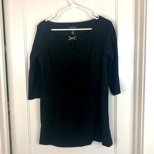 WHBM black tunic with gold metallic detail at notch v neck 3/4 sleeve size M
